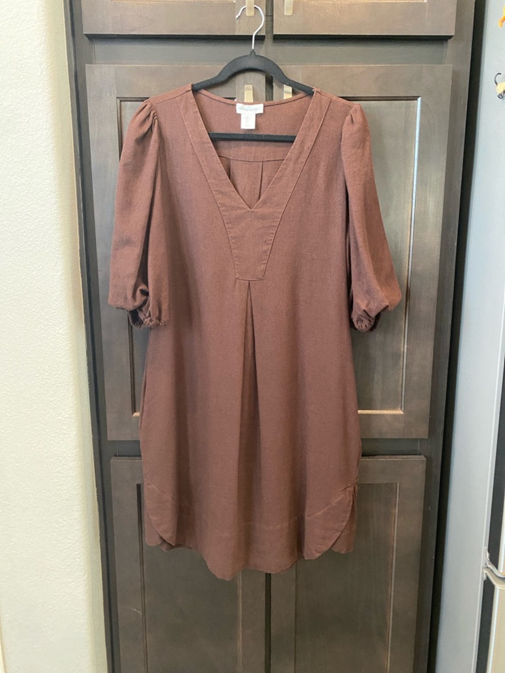 Cynthia Rowley Brown V-Neck Puff Sleeve Tunic Dress